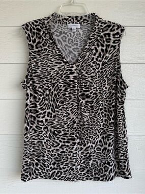 Calvin Klein Animal Print Sleeveless V-Neck Top Black & Cream Stretch Women’s XL